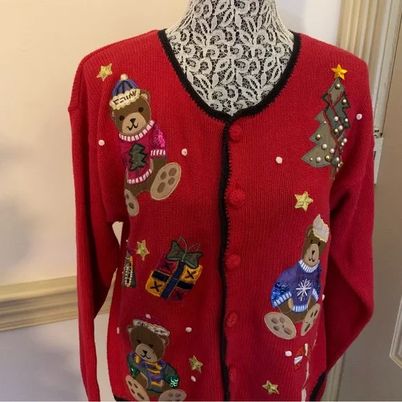 Vintage Nutcracker Red Christmas Bears Cardigan SZ L - Picture 10 of 15